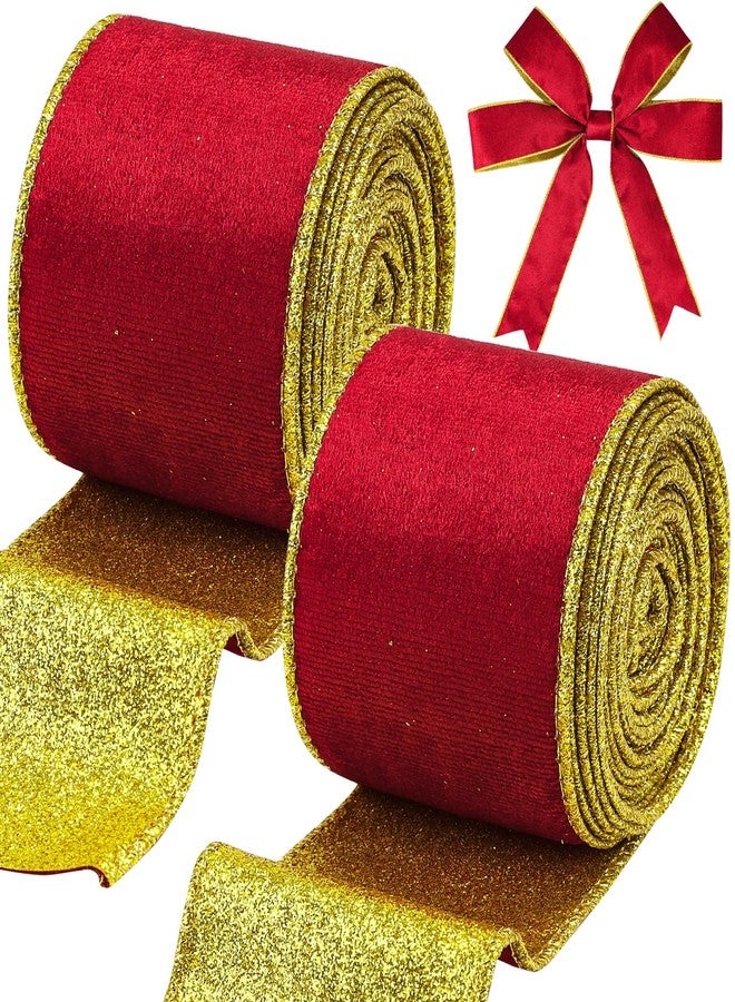 Tenn Well Red Velvet Wired Ribbon, Christmas Ribbon with Gold Metallic Glitter for Gift Wrapping Christmas Tree Decoration Topper Bows Making Wedding Decor Crafts Wreaths Supplies（2.5 Inch x 10 Yards） - Image 1